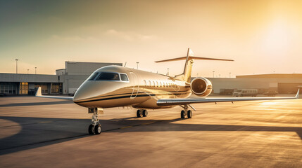 Fototapeta na wymiar Side view of a business private jet airplane parked outside. Luxury business jet ready for boarding. Generative AI.