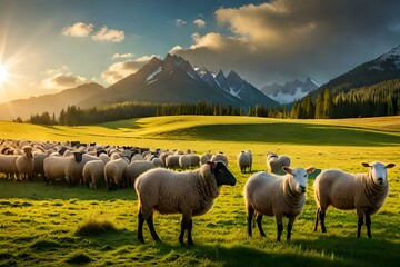 sheep grazing in the mountains by AI generating