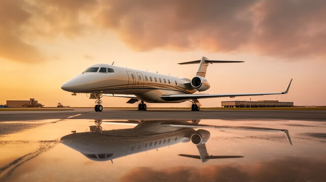 Side view of a business private jet airplane parked outside. Luxury business jet ready for boarding. Generative AI.