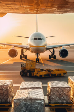 Fototapeta Plane with cargo packages on runway. Generative AI
