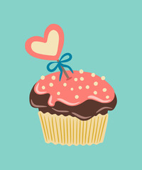 Cupcake with a heart. Illustration of a muffin with a heart and pink cream. Chocolate cake. Design element for greeting card, invitation, print, sticker. Illustration for birthday and valentine's day.