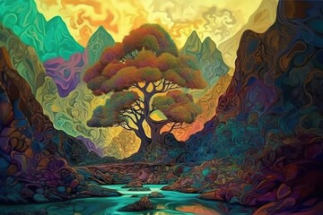 mountains with a valley where a river flows in rainbow colors. generative ai,