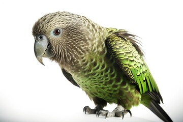 Obraz premium kakapo parrot on a white background, The kakapo is a nocturnal, flightless parrot. And its strangeness doesn't. generative ai,