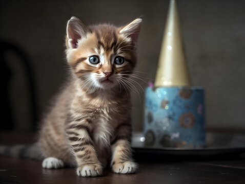 Cute Little Cat Celebrating Birthday in the Living Room on the Night with Light Candle on the Top of Sweet Cake. Kitten Party. Generative AI.