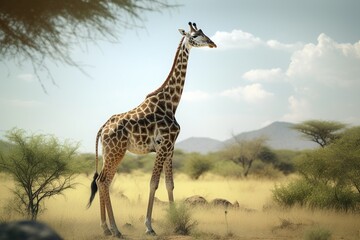 Naklejka premium A giraffe walks between trees in Africa. generative ai,