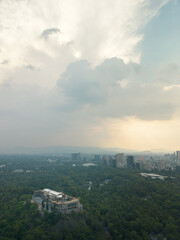 Aerial view of the Chapultepec Forest in Mexico City. Aerial view of the buildings of Mexico City. Castle chapultepec