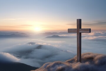 a cross on top of a mountain in the rays of the sun, the power of faith. . generative ai,