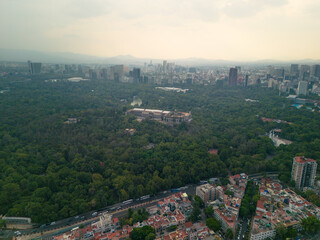 Obraz premium Aerial view of the Chapultepec Forest in Mexico City. Aerial view of the buildings of Mexico City. Castle chapultepec
