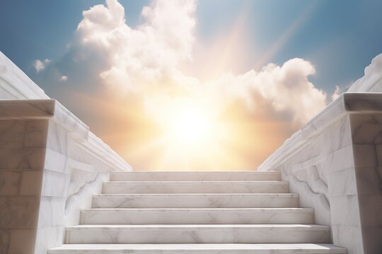 stairs leading to heaven A concept depicting a huge staircase leading up to the open majestic pearly gates of heaven surrounded by a blue sky background. generative ai,