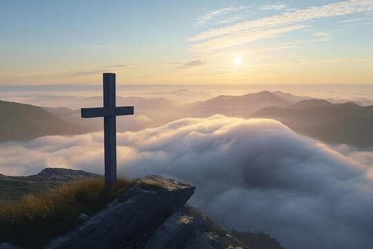 a cross on top of a mountain in the rays of the sun, the power of faith. . generative ai,