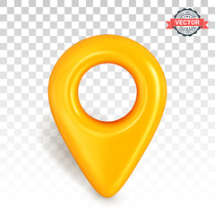 Yellow map pointer or GPS location icon, in the front view. Information or infographic sign. Realistic 3D vector graphics isolated on transparent background