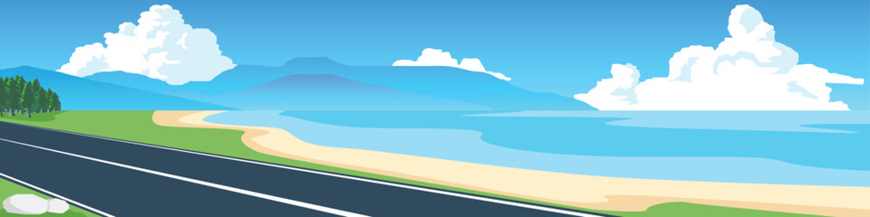 Vector or Illustrator and Landscape view. Asphalt road path through the beach. Sea beach and island complex far away. Under blue sky and white clouds.