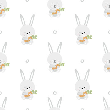 Cute bunnies with carrots and flowers. Childish pattern with rabbits and carrots. Print for newborn girl or boy.