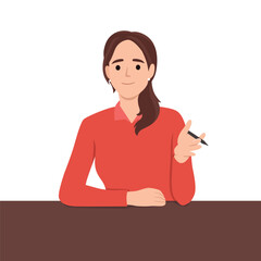 Business coach woman talking and explaining something to the viewer with pen on her hand. Flat vector illustration isolated on white background