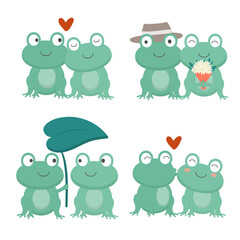 Valentine&rsquo;s Day vector illustration. Two cute couple frogs on white background with many hearts