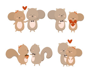 Obraz na płótnie Canvas Valentine’s Day vector illustration. Two cute couple squirrels on white background with many hearts