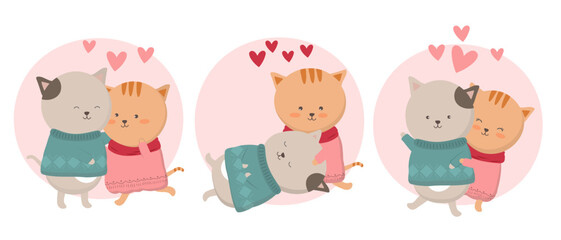 Valentine’s Day vector illustration. Two cute cats in a circle decorated with many hearts
