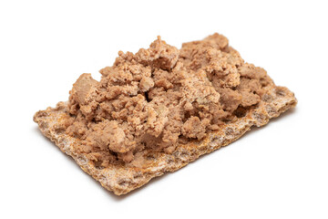 Crispy Sandwich with Chicken Pate Isolated on White Background. Whole Grain Bread with Liver Pate. Diet Breakfast and Healthy Food