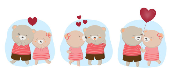 Valentine’s Day vector illustration. Two cute Bears in a blue background with many heart shape