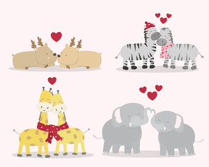 Valentine’s Day vector illustration. Four kind animal lovers with many hearts