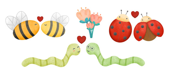 Valentine’s Day vector illustration. Three cute couple insects on white background with many hearts