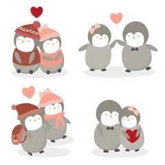 Valentine’s Day vector illustration. four cute Penguin couple on white background with many hearts