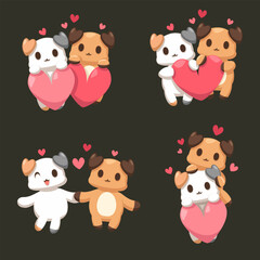 Valentine’s Day vector illustration. Four cute dogs couple on white background with many hearts