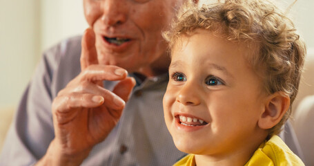 Quality Time Between a Kid and his Grandfather: Senior Man Watching Television and Speaking with his Grandson. the Little Cute Boy is Sharing and Explaining his Favorite TV Show to his Grandpa