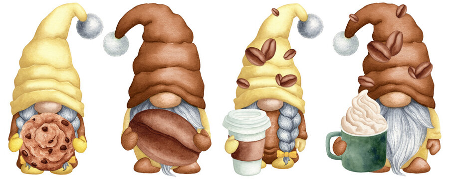 Set of watercolor gnomes with coffee cup, cookie. Coffee theme dwarf Gnome isolated on white background, for printing greeting cards invitations, prints, banners etc.