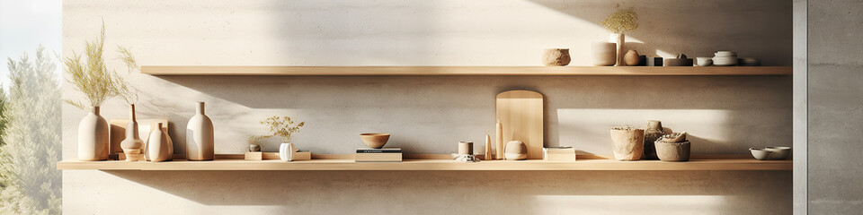 Fototapeta na wymiar Wooden shelves banner in minimalistic style. Minimalist interior decoration concept. Generative AI
