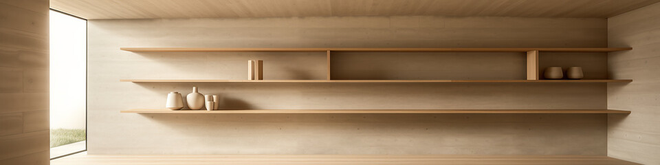 Wooden shelves banner in minimalistic style. Minimalist interior decoration concept. Generative AI
