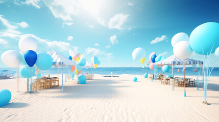 photo beach party with balloon under right blue sky ai generative