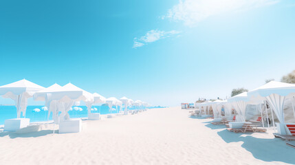 photo hot summer beach with many white umbrella and lounge under bright sun ai generative