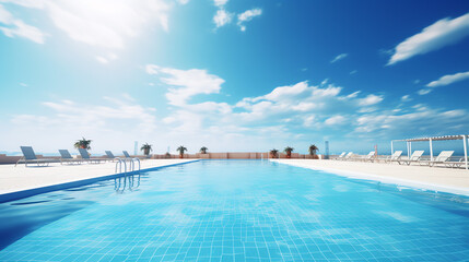 Fototapeta na wymiar swimming pool with lounge chair under blue sky ai generative