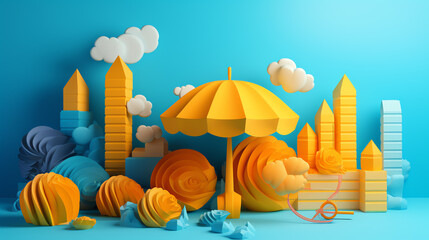 photo summer paper art concept with umbrella and cloud ai generative