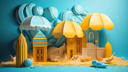 photo paper art summer concept with blue and yellow umbrella ai generative