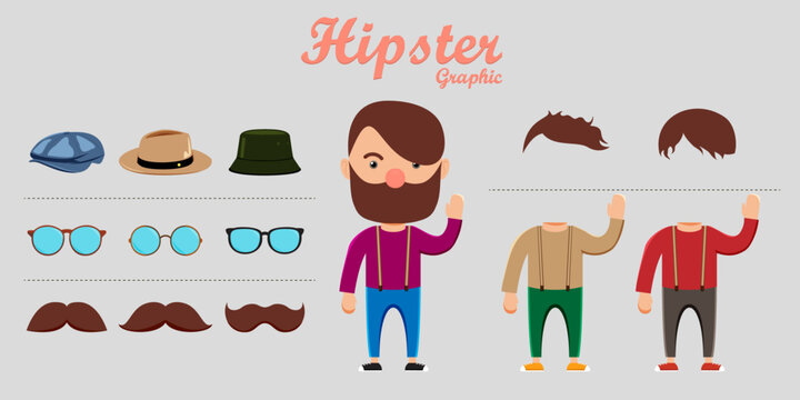 Hipster dress up constructor set you can choose costume Clothes, hairstyles, hats, glasses and mustaches.