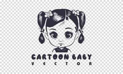 Vector portrait of little beautiful cute cartoon kawaii anime girl child with big eyes and pigtails. Isolated background.