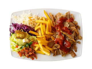 Donner Kebap Plate, Doner Meat and Chips, Donner Shawarma Served with Salad and Vegetables