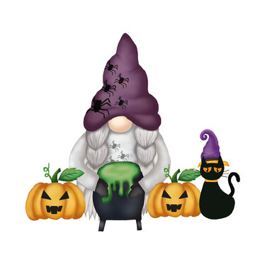 Vector gnomes isolated. Cheerful Halloween gnome with hat and beard. Holiday poster.