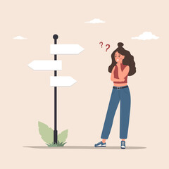 Young woman in doubt. Cute female character standing at pointer and making choice or decision. Concept of finding right direction or route in life. Vector illustration in flat cartoon style.