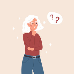 Elderly woman in doubt. Smart female character having questions. Problem solving. Vector illustration in flat cartoon style.