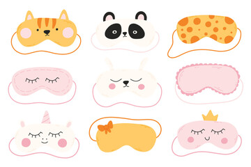Set of sleep masks in flat style. Collection of hand drawn masks. Vector illustration. Iasca for sleeping with a cat, panda, unicorn.