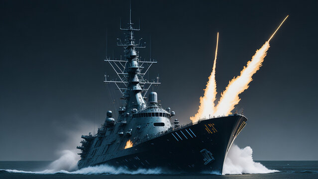 Launching missiles from a warship at sea.