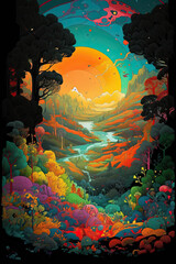 Fototapeta premium Abstract Watercolor Painting Flowers, River and Sun : Watercolor Wall Art, Generative AI