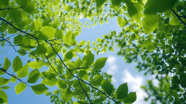 Green leaves of a tree against the blue sky. Generative AI