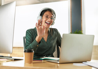 Virtual meeting, business woman smile and wave on a video call with headphones and greeting....