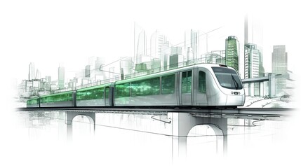 Naklejka premium The concept of a city railway system, indicative of a sustainable transportation project. The move towards more efficient, greener modes of urban transportation. Generative AI