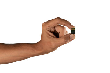 black male hand with micro SD memory card isolated