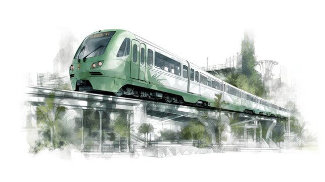 The concept of a city railway system, indicative of a sustainable transportation project. The move towards more efficient, greener modes of urban transportation. Generative AI
